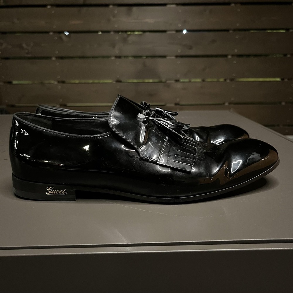 Gucci Shoes Mens Size 8.5 Black Patent Leather Tassel Loafers Made In Italy